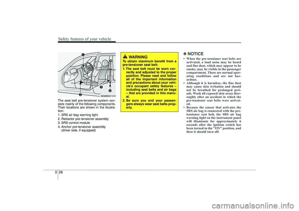 HYUNDAI IX35 2016  Owners Manual Safety features of your vehicle26
3The seat belt pre-tensioner system con-
sists mainly of the following components.
Their locations are shown in the illustra-
tion:
1. SRS air bag warning light
2. Re