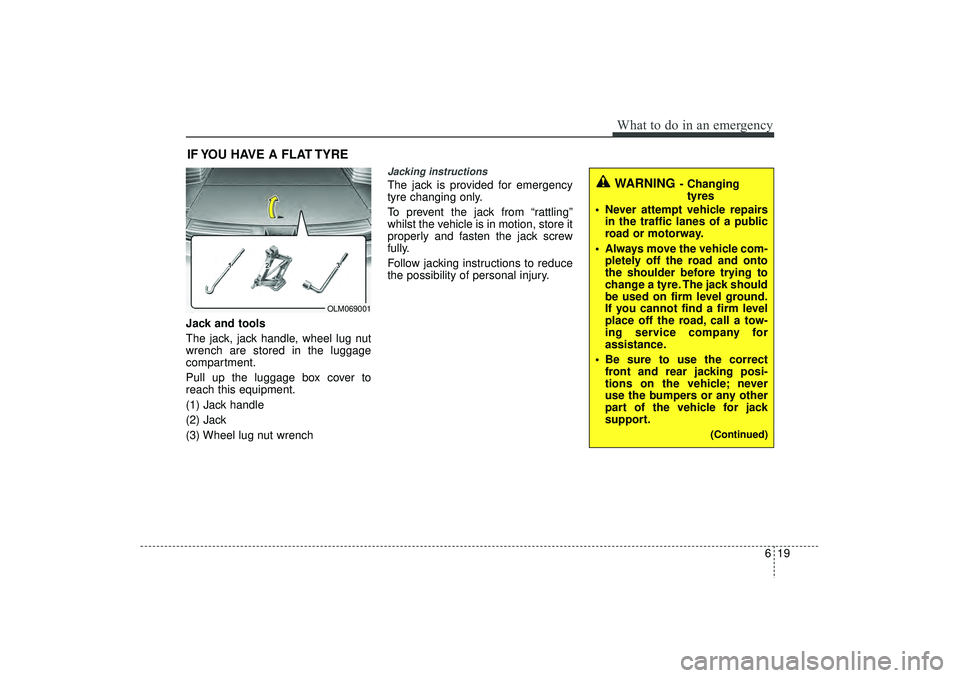 HYUNDAI IX35 2016  Owners Manual 619
What to do in an emergency
IF YOU HAVE A FLAT TYREJack and tools
The jack, jack handle, wheel lug nut
wrench are stored in the luggage
compartment.
Pull up the luggage box cover to
reach this equi