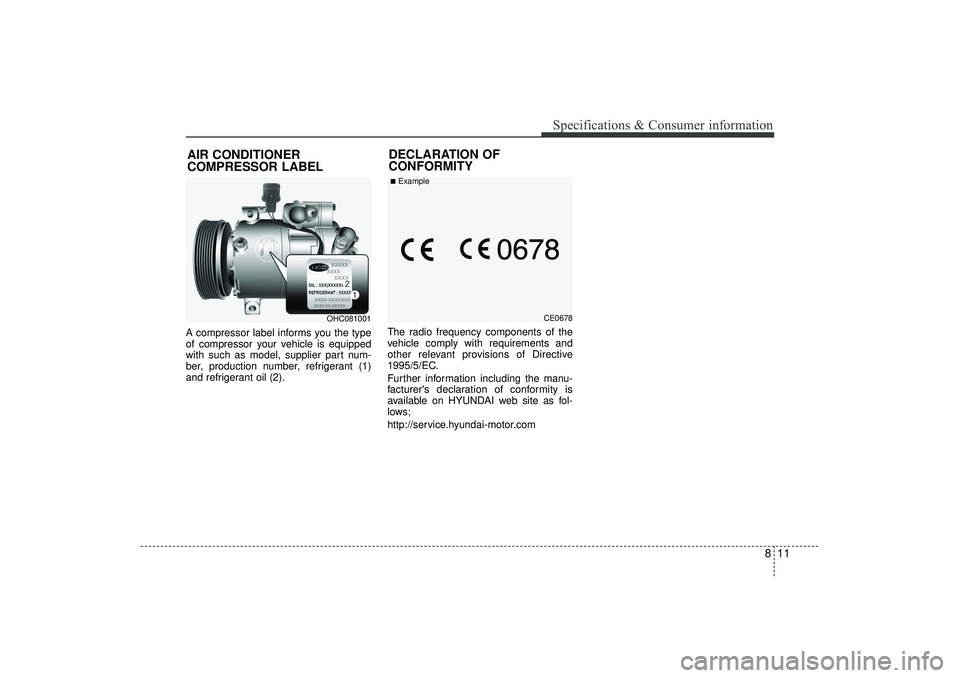 HYUNDAI IX35 2016  Owners Manual 811
Specifications & Consumer information
A compressor label informs you the type
of compressor your vehicle is equipped
with such as model, supplier part num-
ber, production number, refrigerant (1)
