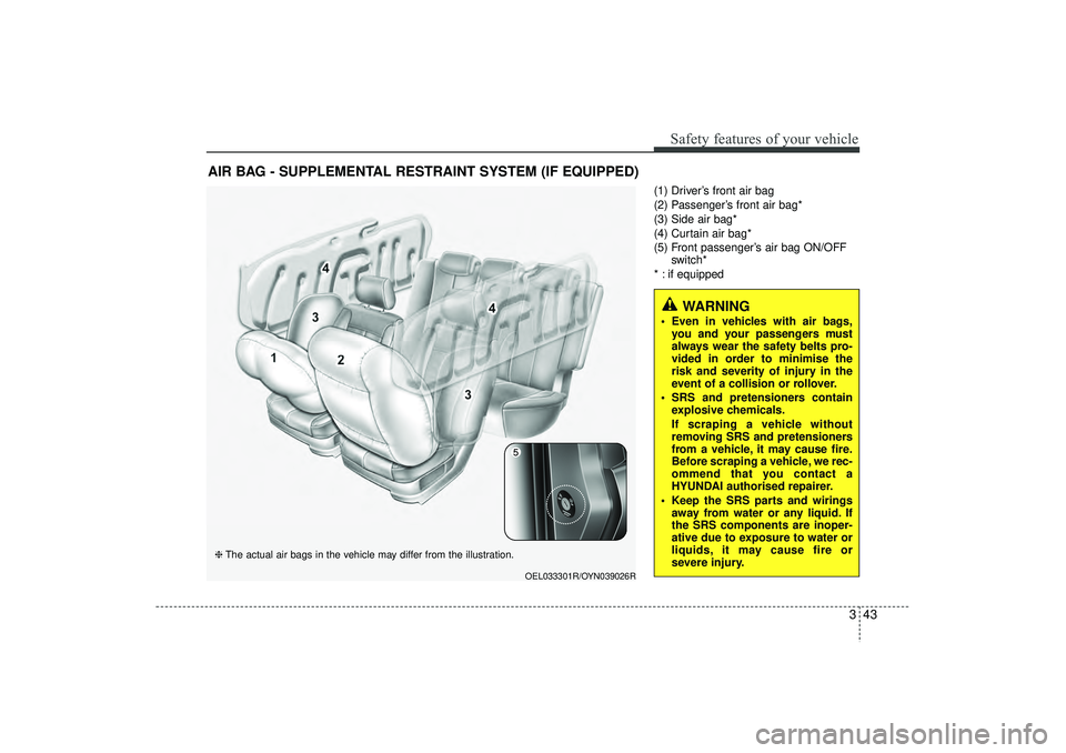 HYUNDAI IX35 2016 Repair Manual 343
Safety features of your vehicle
(1) Driver’s front air bag
(2) Passenger’s front air bag*
(3) Side air bag*
(4) Curtain air bag*
(5) Front passenger’s air bag ON/OFFswitch*
* : if equipped
A HYUNDAI IX35 2016 Repair Manual 343
Safety features of your vehicle
(1) Driver’s front air bag
(2) Passenger’s front air bag*
(3) Side air bag*
(4) Curtain air bag*
(5) Front passenger’s air bag ON/OFFswitch*
* : if equipped
A