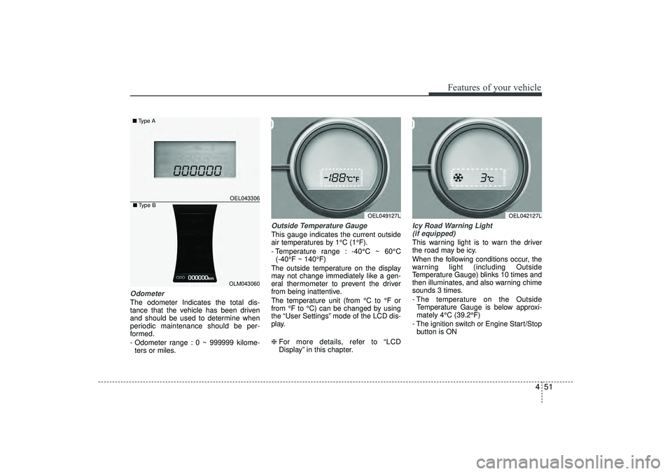 HYUNDAI IX35 2015  Owners Manual 451
Features of your vehicle
OdometerThe odometer Indicates the total dis-
tance that the vehicle has been driven
and should be used to determine when
periodic maintenance should be per-
formed.
- Odo