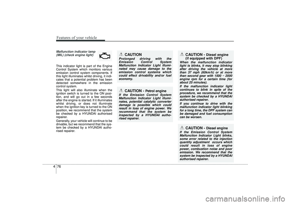HYUNDAI IX35 2015 Owners Manual Features of your vehicle76
4
CAUTION -
Diesel engine
If the Emission Control System
Malfunction Indicator Light blinks,some error related to the injectionquantity adjustment occurs whichcould result HYUNDAI IX35 2015 Owners Manual Features of your vehicle76
4
CAUTION -
Diesel engine
If the Emission Control System
Malfunction Indicator Light blinks,some error related to the injectionquantity adjustment occurs whichcould result