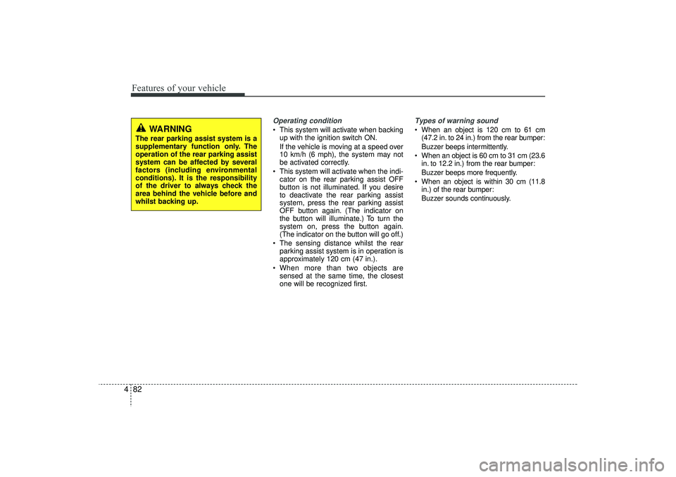 HYUNDAI IX35 2015  Owners Manual Features of your vehicle82
4
Operating condition This system will activate when backing
up with the ignition switch ON.
If the vehicle is moving at a speed over
10 km/h (6 mph), the system may not
be