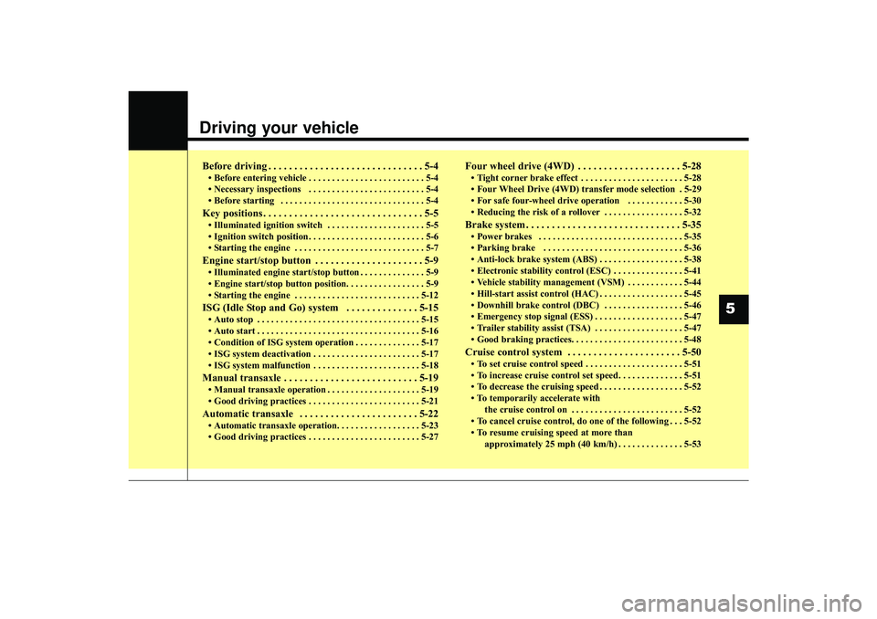 HYUNDAI IX35 2015  Owners Manual Driving your vehicle  
5
Before driving . . . . . . . . . . . . . . . . . . . . . . . . . . . . . . 5-4• Before entering vehicle . . . . . . . . . . . . . . . . . . . . . . . . . 5-4
• Necessary i