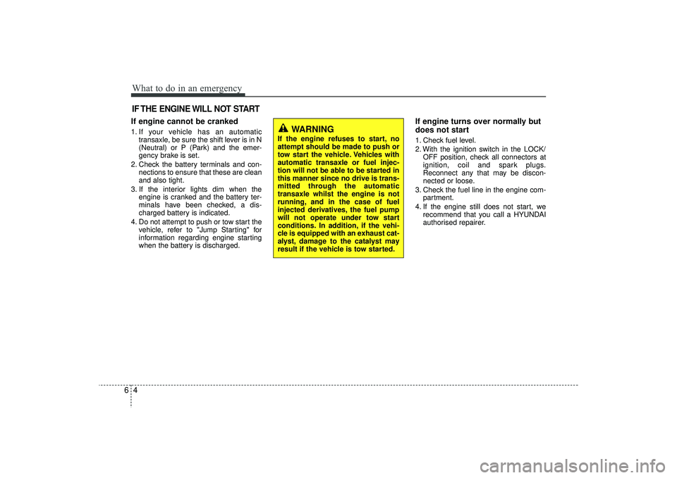 HYUNDAI IX35 2015 Owners Manual What to do in an emergency46IF THE ENGINE WILL NOT STARTIf engine cannot be cranked1. If your vehicle has an automatictransaxle, be sure the shift lever is in N
(Neutral) or P (Park) and the emer-
gen HYUNDAI IX35 2015 Owners Manual What to do in an emergency46IF THE ENGINE WILL NOT STARTIf engine cannot be cranked1. If your vehicle has an automatictransaxle, be sure the shift lever is in N
(Neutral) or P (Park) and the emer-
gen