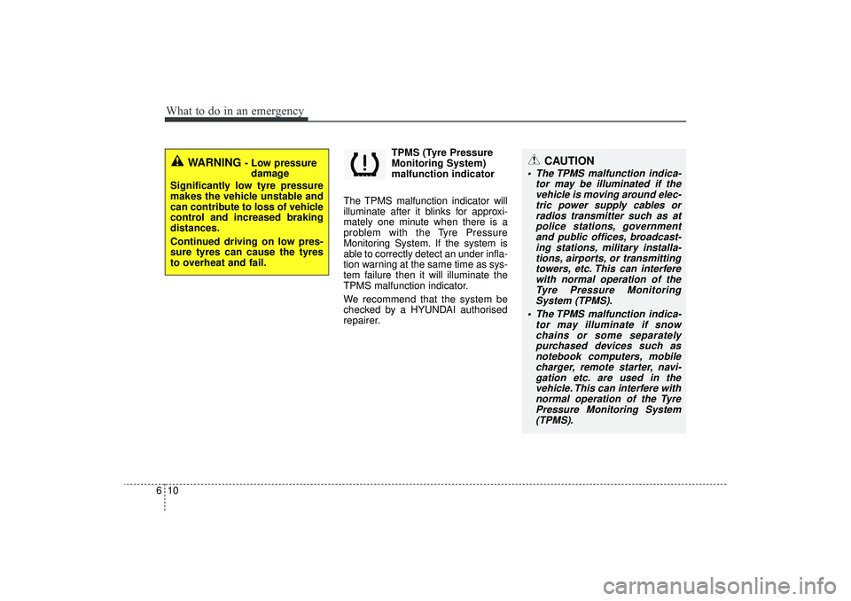 HYUNDAI IX35 2015 Owners Manual What to do in an emergency10
6
TPMS (Tyre Pressure
Monitoring System)
malfunction indicator
The TPMS malfunction indicator will
illuminate after it blinks for approxi-
mately one minute when there is HYUNDAI IX35 2015 Owners Manual What to do in an emergency10
6
TPMS (Tyre Pressure
Monitoring System)
malfunction indicator
The TPMS malfunction indicator will
illuminate after it blinks for approxi-
mately one minute when there is