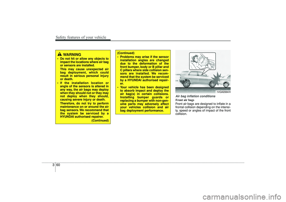 HYUNDAI IX35 2015  Owners Manual Safety features of your vehicle60
3
Air bag inflation conditionsFront air bags 
Front air bags are designed to inflate in a
frontal collision depending on the intensi-
ty, speed or angles of impact of