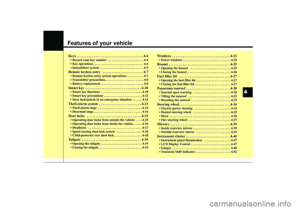HYUNDAI IX35 2015  Owners Manual Features of your vehicleKeys . . . . . . . . . . . . . . . . . . . . . . . . . . . . . . . . . . . . \
. . 4-4• Record your key number . . . . . . . . . . . . . . . . . . . . . . . 4-4
• Key opera