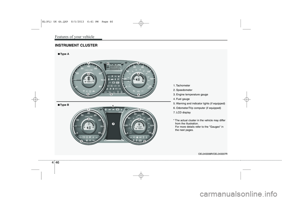 HYUNDAI IX35 2014 Owners Manual Features of your vehicle
46
4
INSTRUMENT CLUSTER
1. Tachometer
2. Speedometer
3. Engine temperature gauge
4. Fuel gauge
5. Warning and indicator lights (if equipped)
6. Odometer/Trip computer (if equ HYUNDAI IX35 2014 Owners Manual Features of your vehicle
46
4
INSTRUMENT CLUSTER
1. Tachometer
2. Speedometer
3. Engine temperature gauge
4. Fuel gauge
5. Warning and indicator lights (if equipped)
6. Odometer/Trip computer (if equ