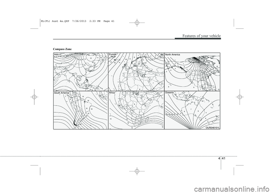 HYUNDAI IX35 2014 Owners Manual 441
Features of your vehicle
Compass Zone
OUN046101L
AsiaEuropeNorth America
South AmericaAfricaOceania
EL(FL) Aust 4a.QXP 7/26/2013 2:33 PM Page 41 HYUNDAI IX35 2014 Owners Manual 441
Features of your vehicle
Compass Zone
OUN046101L
AsiaEuropeNorth America
South AmericaAfricaOceania
EL(FL) Aust 4a.QXP 7/26/2013 2:33 PM Page 41