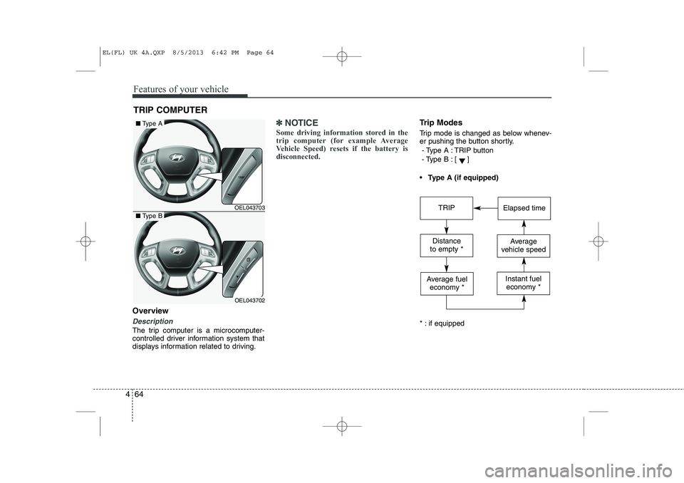 HYUNDAI IX35 2014 Owners Manual Features of your vehicle
64
4
Overview
Description
The trip computer is a microcomputer-
controlled driver information system that
displays information related to driving.
✽✽
NOTICE
Some driving HYUNDAI IX35 2014 Owners Manual Features of your vehicle
64
4
Overview
Description
The trip computer is a microcomputer-
controlled driver information system that
displays information related to driving.
✽✽
NOTICE
Some driving