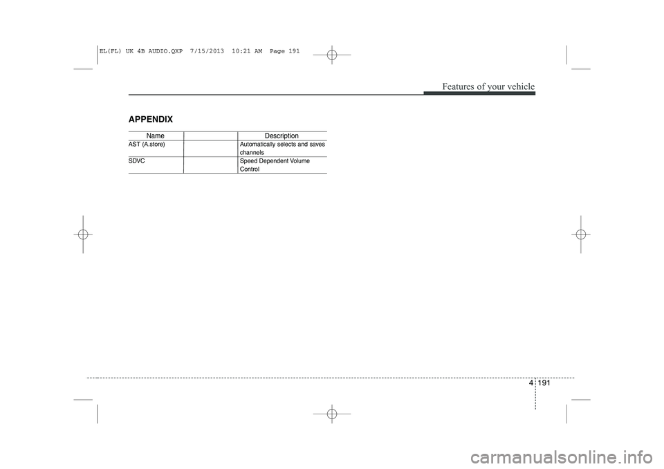 HYUNDAI IX35 2014  Owners Manual 4 191
Features of your vehicle
APPENDIX
Name Description
AST (A.store) Automatically selects and saves
channels 
SDVC Speed Dependent Volume
Control
EL(FL) UK 4B AUDIO.QXP  7/15/2013  10:21 AM  Page 1