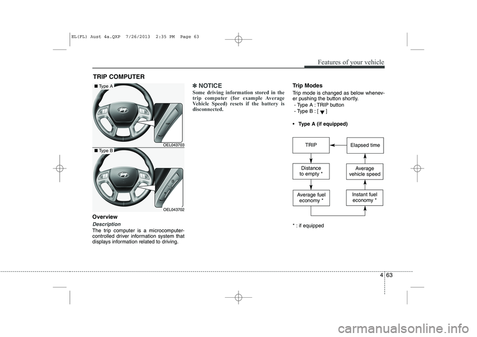 HYUNDAI IX35 2014 Owners Manual 463
Features of your vehicle
Overview
Description
The trip computer is a microcomputer-
controlled driver information system that
displays information related to driving.
✽✽NOTICE
Some driving in HYUNDAI IX35 2014 Owners Manual 463
Features of your vehicle
Overview
Description
The trip computer is a microcomputer-
controlled driver information system that
displays information related to driving.
✽✽NOTICE
Some driving in