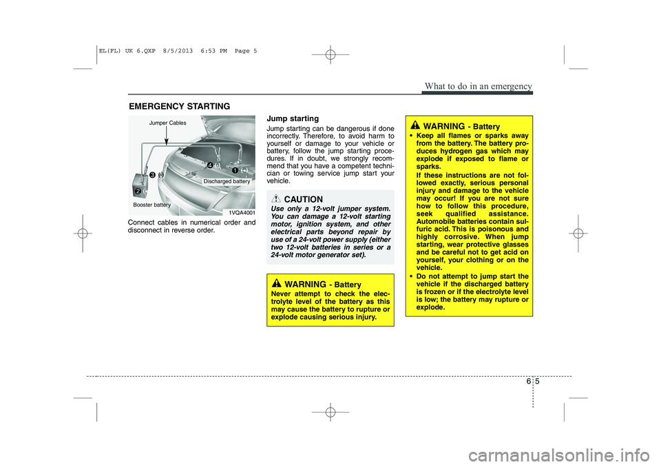 HYUNDAI IX35 2014  Owners Manual 65
What to do in an emergency
EMERGENCY STARTING
Connect cables in numerical order and 
disconnect in reverse order. Jump starting   
Jump starting can be dangerous if done 
incorrectly. Therefore, to