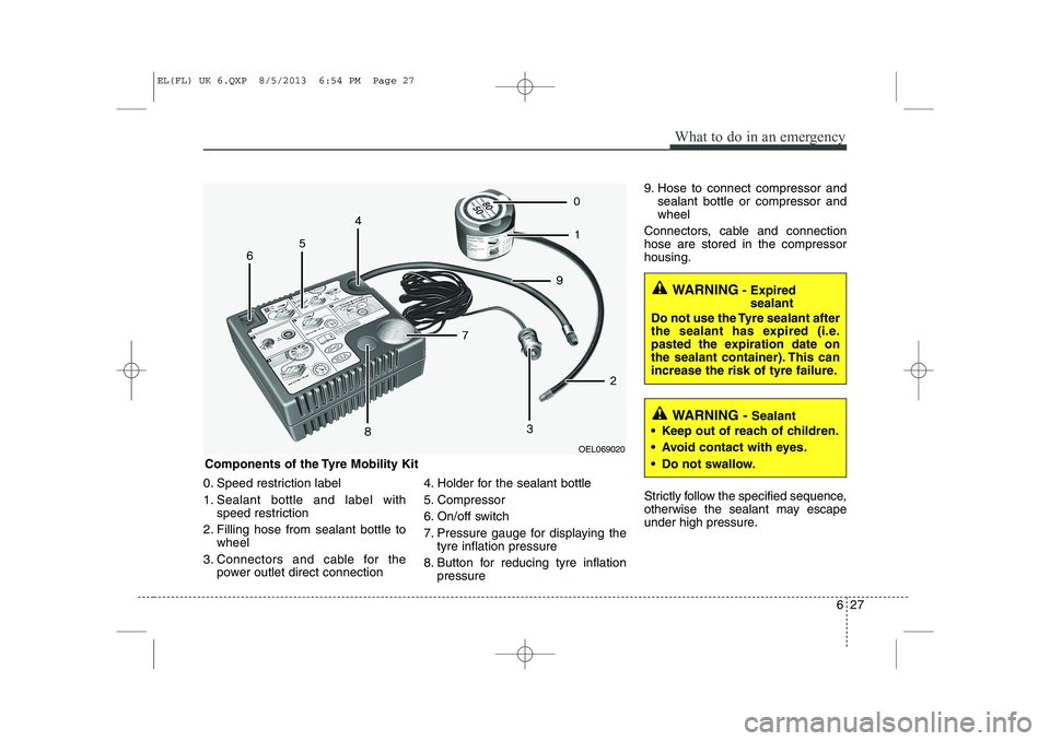 HYUNDAI IX35 2014 Owners Manual 627
What to do in an emergency
0. Speed restriction label
1. Sealant bottle and label withspeed restriction
2. Filling hose from sealant bottle to wheel
3. Connectors and cable for the power outlet d HYUNDAI IX35 2014 Owners Manual 627
What to do in an emergency
0. Speed restriction label
1. Sealant bottle and label withspeed restriction
2. Filling hose from sealant bottle to wheel
3. Connectors and cable for the power outlet d