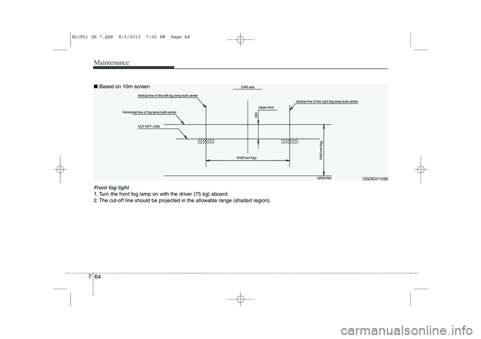 HYUNDAI IX35 2014 Owners Manual Maintenance
64
7
Front fog light
1. Turn the front fog lamp on with the driver (75 kg) aboard.
2. The cut-off line should be projected in the allowable range (shaded region).
OGDE071056
■
Based on HYUNDAI IX35 2014 Owners Manual Maintenance
64
7
Front fog light
1. Turn the front fog lamp on with the driver (75 kg) aboard.
2. The cut-off line should be projected in the allowable range (shaded region).
OGDE071056
■
Based on