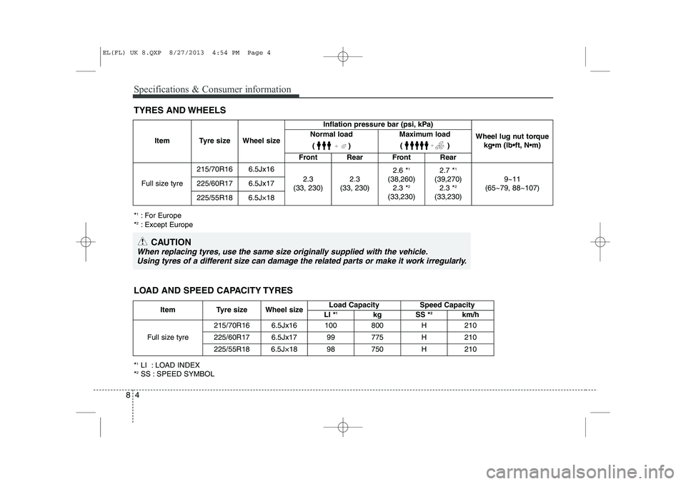 HYUNDAI IX35 2014  Owners Manual Specifications & Consumer information
4
8
TYRES AND WHEELS
CAUTION
When replacing tyres, use the same size originally supplied with the vehicle.
Using tyres of a different size can damage the related 