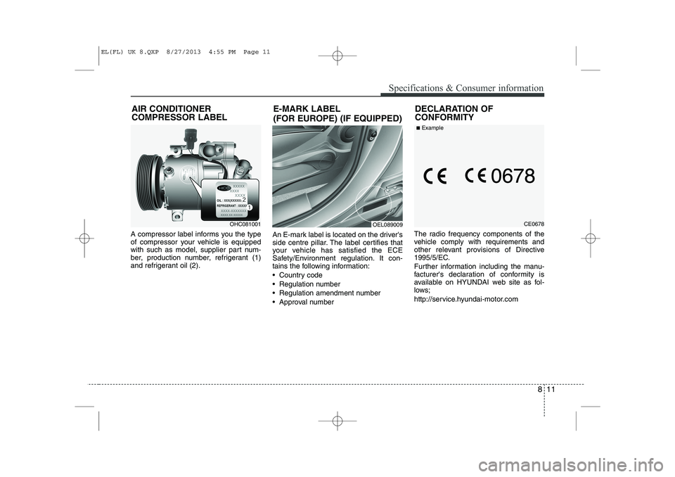HYUNDAI IX35 2014  Owners Manual 811
Specifications & Consumer information
A compressor label informs you the type 
of compressor your vehicle is equipped
with such as model, supplier part num-
ber, production number, refrigerant (1)