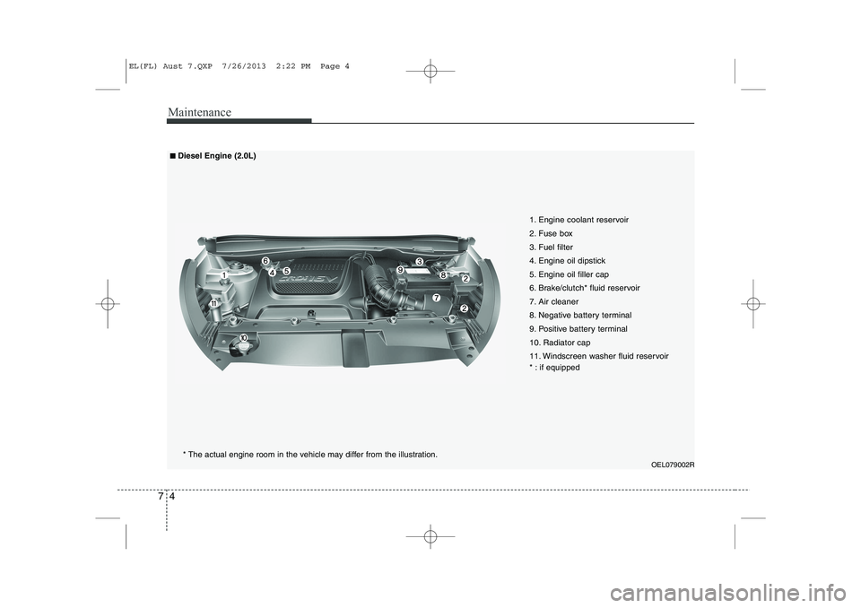 HYUNDAI IX35 2014  Owners Manual Maintenance
4
7
OEL079002R
1. Engine coolant reservoir 
2. Fuse box
3. Fuel filter
4. Engine oil dipstick
5. Engine oil filler cap
6. Brake/clutch* fluid reservoir
7. Air cleaner
8. Negative battery t