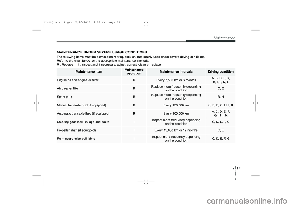 HYUNDAI IX35 2014 Owners Manual 717
Maintenance
MAINTENANCE UNDER SEVERE USAGE CONDITIONS
The following items must be serviced more frequently on cars mainly used under severe driving conditions.
Refer to the chart below for the a HYUNDAI IX35 2014 Owners Manual 717
Maintenance
MAINTENANCE UNDER SEVERE USAGE CONDITIONS
The following items must be serviced more frequently on cars mainly used under severe driving conditions.
Refer to the chart below for the a