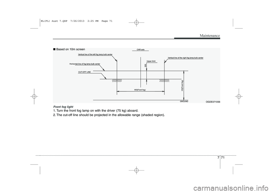 HYUNDAI IX35 2014  Owners Manual 771
Maintenance
Front fog light 
1. Turn the front fog lamp on with the driver (75 kg) aboard. 
2. The cut-off line should be projected in the allowable range (shaded region).
OGDE071056
■
Based on 