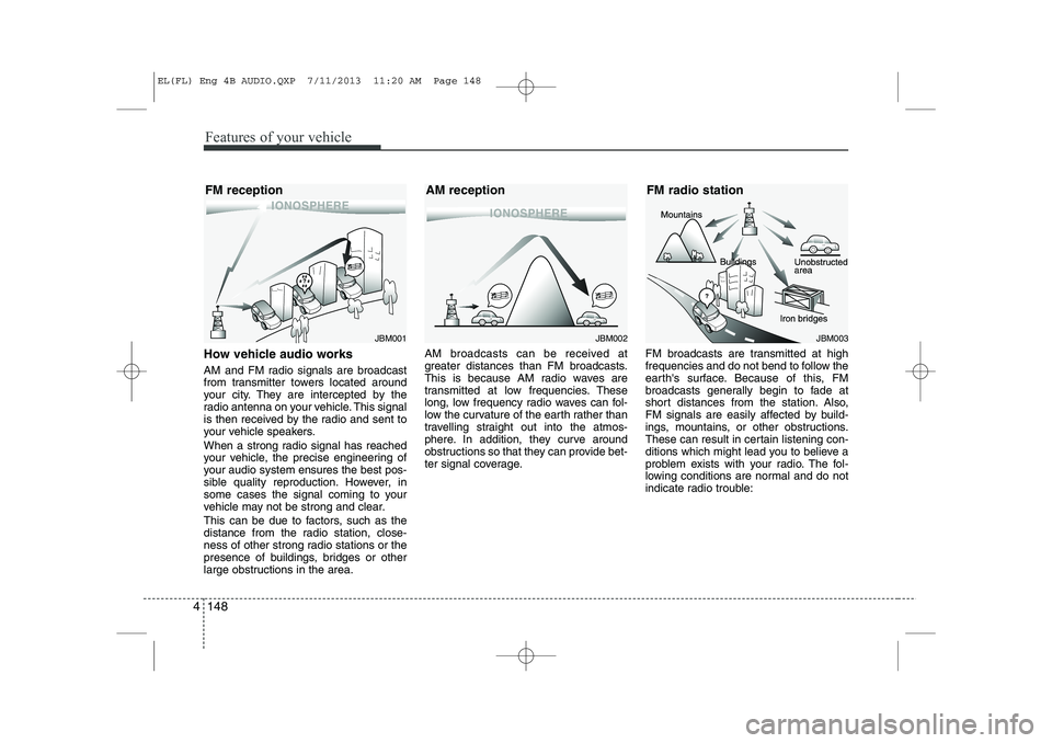 HYUNDAI IX35 2014  Owners Manual Features of your vehicle
148
4
How vehicle audio works 
AM and FM radio signals are broadcast 
from transmitter towers located around
your city. They are intercepted by the
radio antenna on your vehic