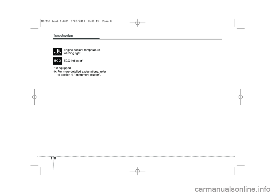 HYUNDAI IX35 2014  Owners Manual Introduction
8
1
ECO indicator*ECO
*: if equipped ❈ : For more detailed explanations, refer
to section 4, “Instrument cluster”. Engine coolant temperature 
warning light
EL(FL) Aust 1.QXP  7/26/