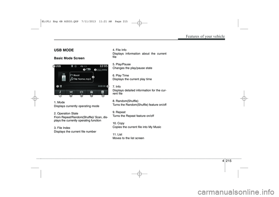 HYUNDAI IX35 2014  Owners Manual 4 215
Features of your vehicle
USB MODE  Basic Mode Screen 
1. Mode 
Displays currently operating mode 
2. Operation State 
From Repeat/Random(Shuffle)/ Scan, dis- 
plays the currently operating funct