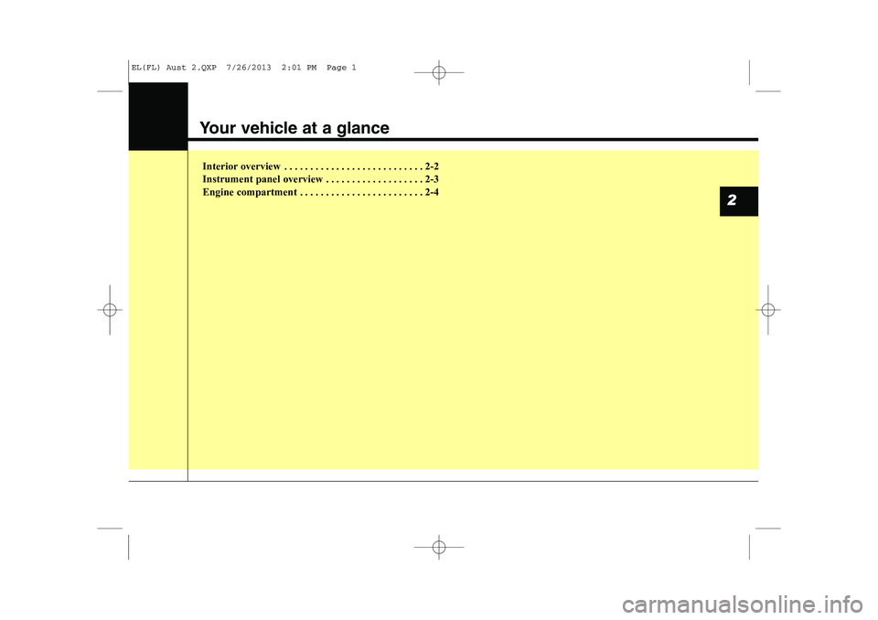 HYUNDAI IX35 2014  Owners Manual Your vehicle at a glance
Interior overview . . . . . . . . . . . . . . . . . . . . . . . . . . . 2-2 
Instrument panel overview . . . . . . . . . . . . . . . . . . . 2-3
Engine compartment . . . . . .