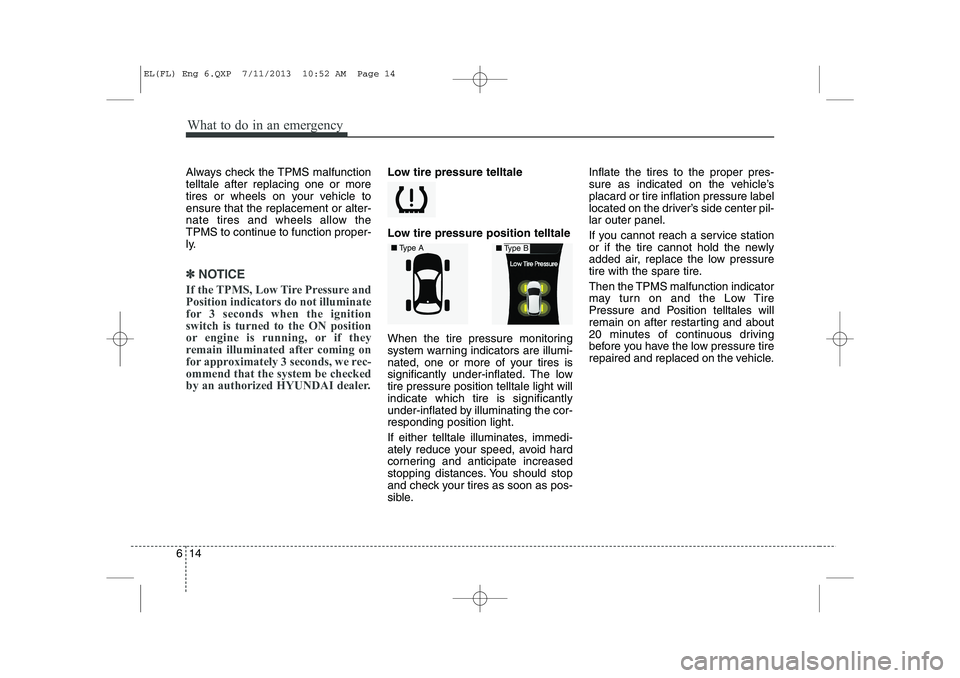 HYUNDAI IX35 2014  Owners Manual What to do in an emergency
14
6
Always check the TPMS malfunction telltale after replacing one or more
tires or wheels on your vehicle toensure that the replacement or alter-
nate tires and wheels all HYUNDAI IX35 2014  Owners Manual What to do in an emergency
14
6
Always check the TPMS malfunction telltale after replacing one or more
tires or wheels on your vehicle toensure that the replacement or alter-
nate tires and wheels all