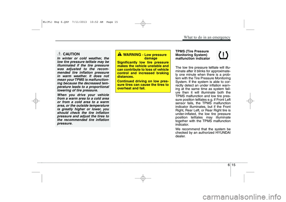 HYUNDAI IX35 2014 Workshop Manual 615
What to do in an emergency
TPMS (Tire Pressure Monitoring System)malfunction indicator 
The low tire pressure telltale will illu- 
minate after it blinks for approximate-
ly one minute when there 