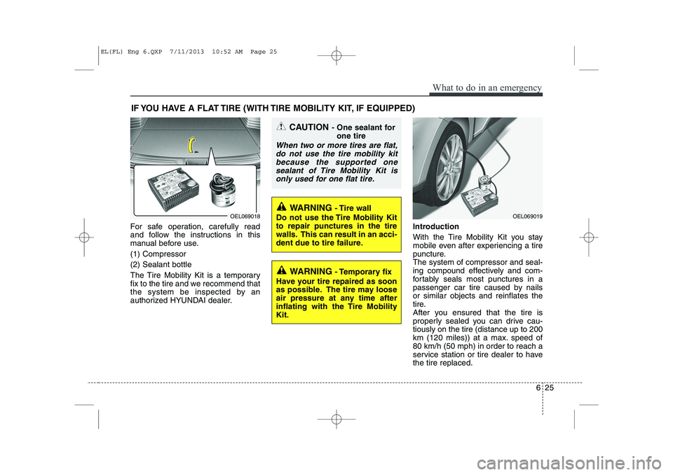 HYUNDAI IX35 2014  Owners Manual 625
What to do in an emergency
IF YOU HAVE A FLAT TIRE (WITH TIRE MOBILITY KIT, IF EQUIPPED)
For safe operation, carefully read 
and follow the instructions in this
manual before use. (1) Compressor(2