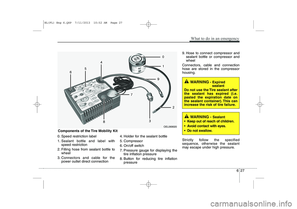 HYUNDAI IX35 2014  Owners Manual 627
What to do in an emergency
0. Speed restriction label 
1. Sealant bottle and label withspeed restriction
2. Filling hose from sealant bottle to wheel
3. Connectors and cable for the power outlet d