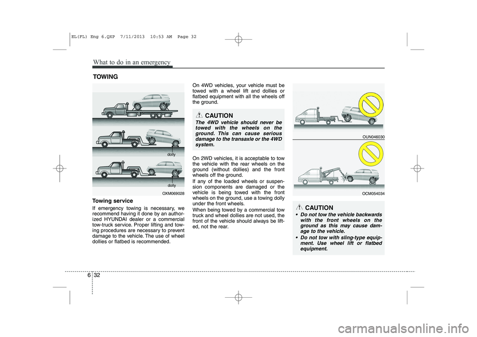 HYUNDAI IX35 2014  Owners Manual What to do in an emergency
32
6
TOWING
Towing service 
If emergency towing is necessary, we 
recommend having it done by an author-
ized HYUNDAI dealer or a commercial
tow-truck service. Proper liftin