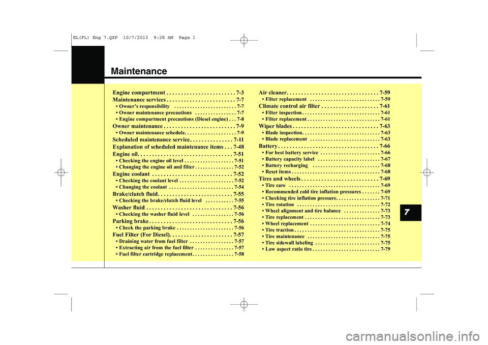 HYUNDAI IX35 2014  Owners Manual Maintenance
7
Engine compartment . . . . . . . . . . . . . . . . . . . . . . . . 7-3 
Maintenance services . . . . . . . . . . . . . . . . . . . . . . . . 7-7