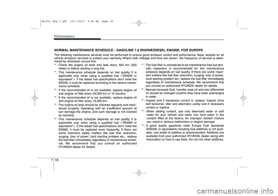HYUNDAI IX35 2014 User Guide Maintenance
18
7
NORMAL MAINTENANCE SCHEDULE - GASOLINE 1.6 ENGINE/DIESEL ENGINE, FOR EUROPE 
The following maintenance services must be performed to ensure good emission control and performance. Keep