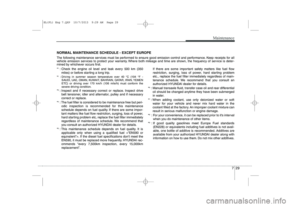 HYUNDAI IX35 2014 Owners Manual 729
Maintenance
NORMAL MAINTENANCE SCHEDULE - EXCEPT EUROPE
The following maintenance services must be performed to ensure good emission control and performance. Keep receipts for all
vehicle emissi HYUNDAI IX35 2014 Owners Manual 729
Maintenance
NORMAL MAINTENANCE SCHEDULE - EXCEPT EUROPE
The following maintenance services must be performed to ensure good emission control and performance. Keep receipts for all
vehicle emissi