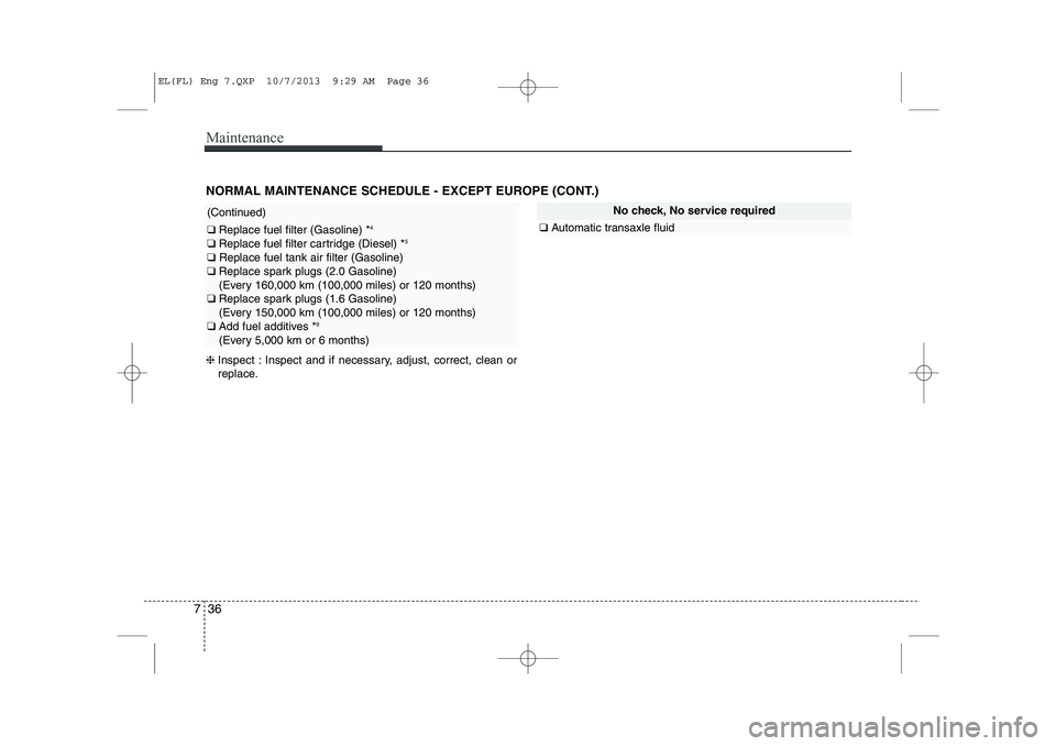 HYUNDAI IX35 2014 Owners Manual Maintenance
36
7
NORMAL MAINTENANCE SCHEDULE - EXCEPT EUROPE (CONT.)
No check, No service required
❑ Automatic transaxle fluid
(Continued)
❑ Replace fuel filter (Gasoline) * 4
❑ Replace fuel fi HYUNDAI IX35 2014 Owners Manual Maintenance
36
7
NORMAL MAINTENANCE SCHEDULE - EXCEPT EUROPE (CONT.)
No check, No service required
❑ Automatic transaxle fluid
(Continued)
❑ Replace fuel filter (Gasoline) * 4
❑ Replace fuel fi
