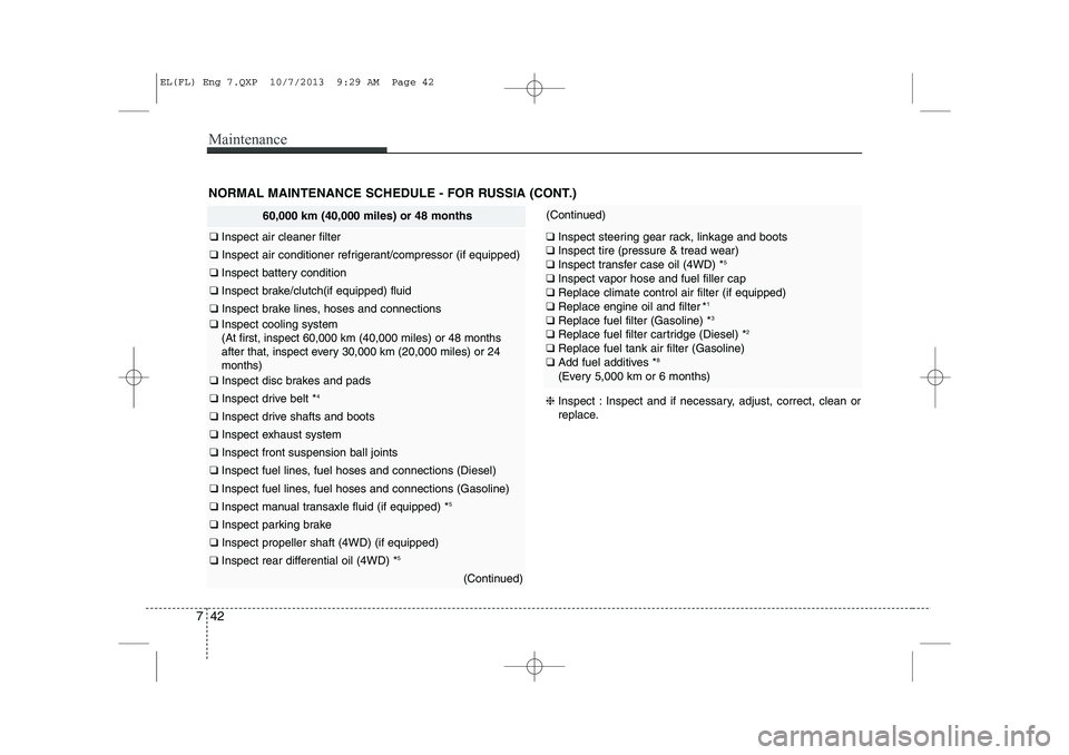 HYUNDAI IX35 2014 Owners Manual Maintenance
42
7
NORMAL MAINTENANCE SCHEDULE - FOR RUSSIA (CONT.)
60,000 km (40,000 miles) or 48 months
❑ Inspect air cleaner filter
❑ Inspect air conditioner refrigerant/compressor (if equipped HYUNDAI IX35 2014 Owners Manual Maintenance
42
7
NORMAL MAINTENANCE SCHEDULE - FOR RUSSIA (CONT.)
60,000 km (40,000 miles) or 48 months
❑ Inspect air cleaner filter
❑ Inspect air conditioner refrigerant/compressor (if equipped