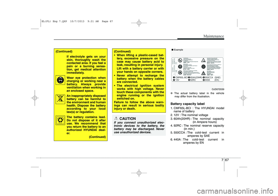 HYUNDAI IX35 2014  Owners Manual 767
Maintenance
❈The actual battery label in the vehicle
may differ from the illustration.
Battery capacity label  
1. CMF65L-BCI : The HYUNDAI model name of battery
2. 12V : The nominal voltage 
3.