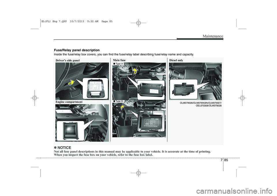 HYUNDAI IX35 2014  Owners Manual 785
Maintenance
Engine compartmentOLM079026/OLM079053N/OLM079027/OEL070306/OLM079028
Fuse/Relay panel description 
Inside the fuse/relay box covers, you can find the fuse/relay label describing fuse/r