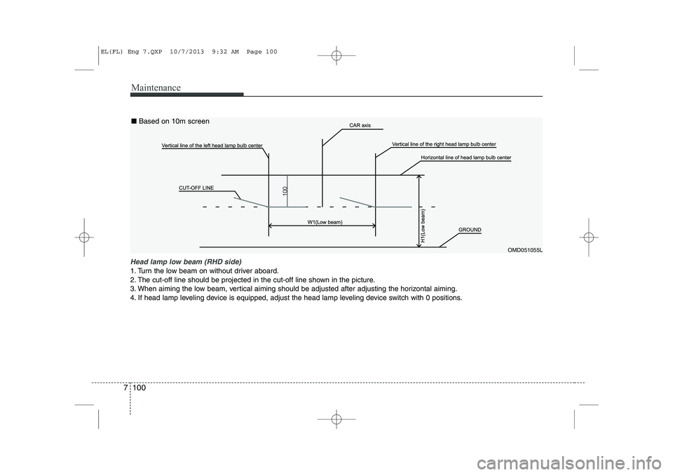 HYUNDAI IX35 2014  Owners Manual Maintenance
100
7
Head lamp low beam (RHD side) 
1. Turn the low beam on without driver aboard. 
2. The cut-off line should be projected in the cut-off line shown in the picture.
3. When aiming the lo