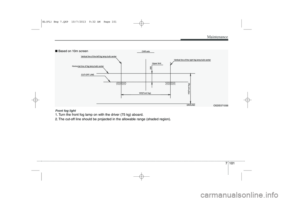 HYUNDAI IX35 2014  Owners Manual 7 101
Maintenance
Front fog light 
1. Turn the front fog lamp on with the driver (75 kg) aboard. 
2. The cut-off line should be projected in the allowable range (shaded region).
OGDE071056
■
Based o
