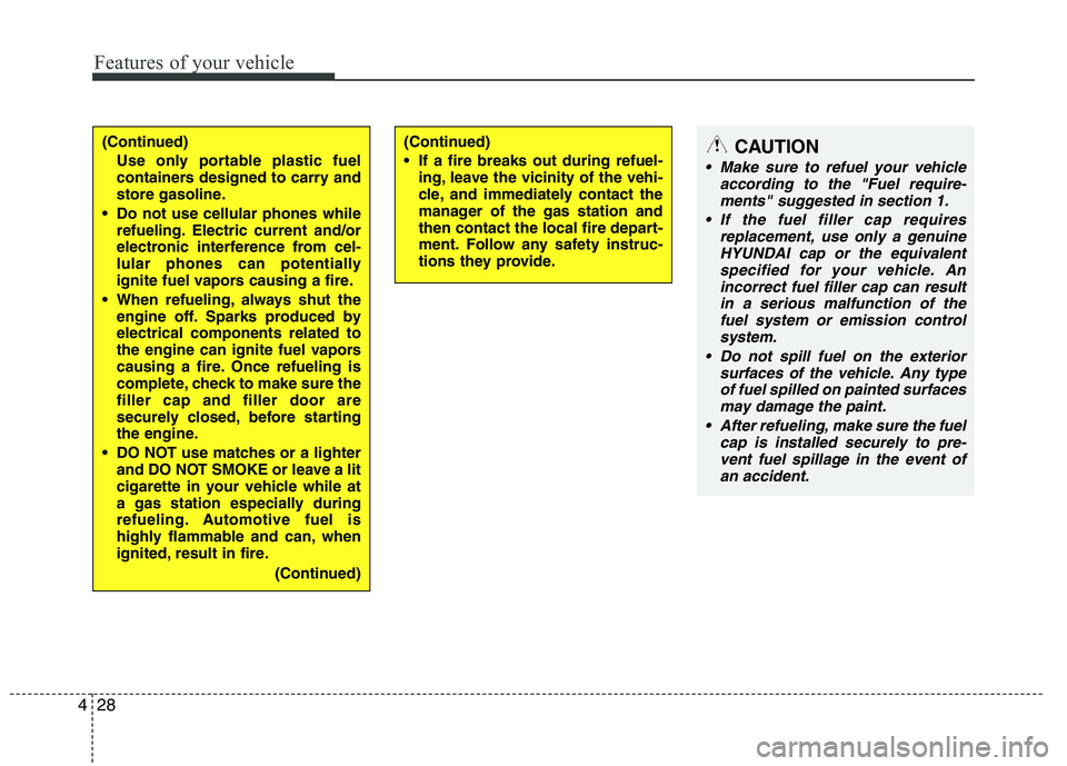 HYUNDAI IX35 2012  Owners Manual Features of your vehicle
28
4
(Continued)
Use only portable plastic fuel 
containers designed to carry and
store gasoline.
 Do not use cellular phones while refueling. Electric current and/or
electron