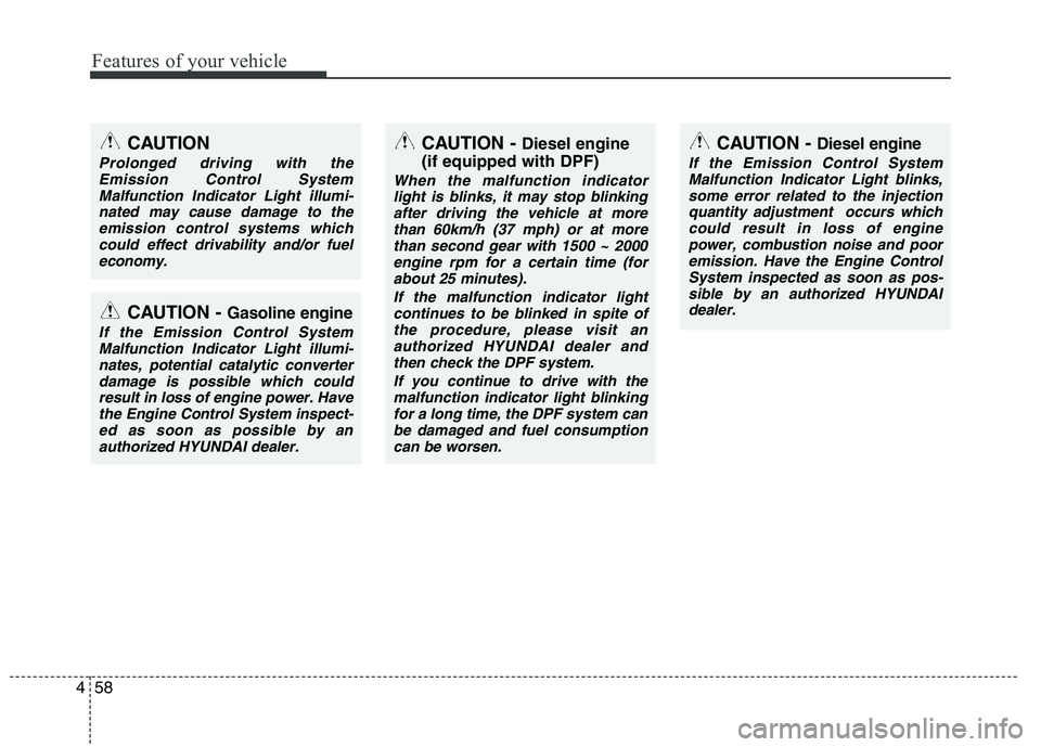 HYUNDAI IX35 2012  Owners Manual Features of your vehicle
58
4
CAUTION -  Diesel engine
(if equipped with DPF)
When the malfunction indicator light is blinks, it may stop blinking
after driving the vehicle at morethan 60km/h (37 mph)