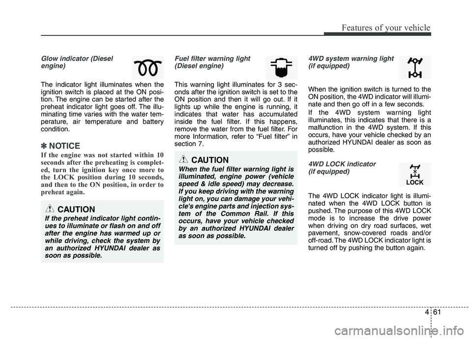 HYUNDAI IX35 2012  Owners Manual 461
Features of your vehicle
Glow indicator (Dieselengine)
The indicator light illuminates when the 
ignition switch is placed at the ON posi-
tion. The engine can be started after the
preheat indicat