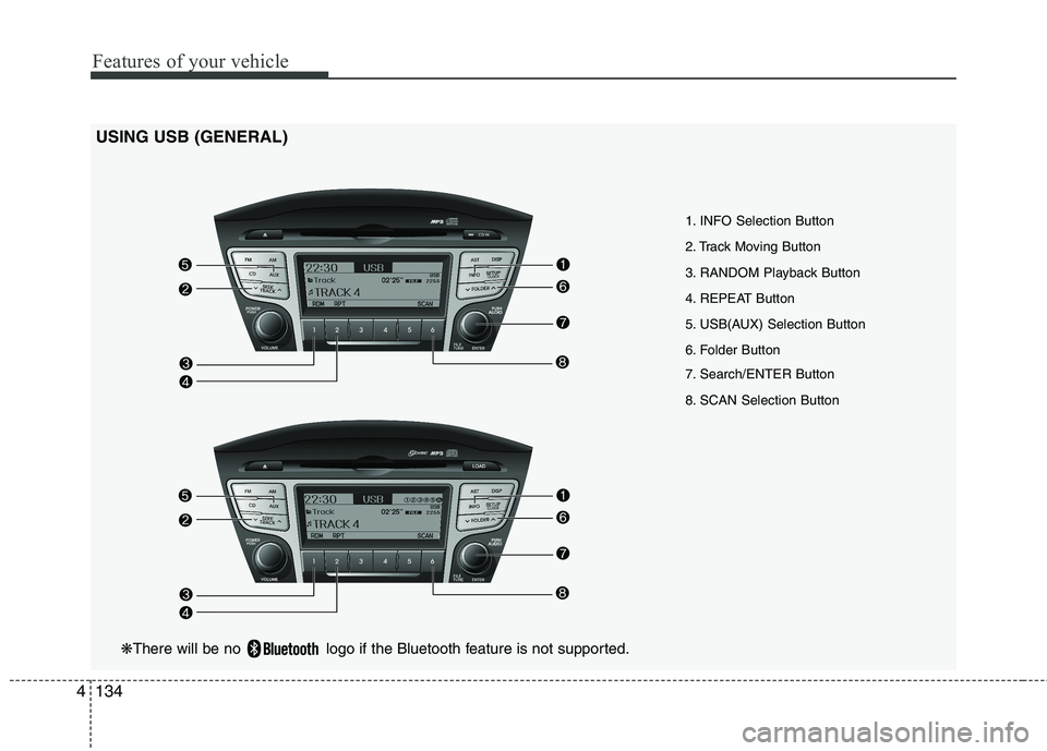 HYUNDAI IX35 2012  Owners Manual Features of your vehicle
134
4
USING USB (GENERAL)
1. INFO Selection Button 
2. Track Moving Button
3. RANDOM Playback Button
4. REPEAT Button
5. USB(AUX) Selection Button
6. Folder Button 
7. Search/