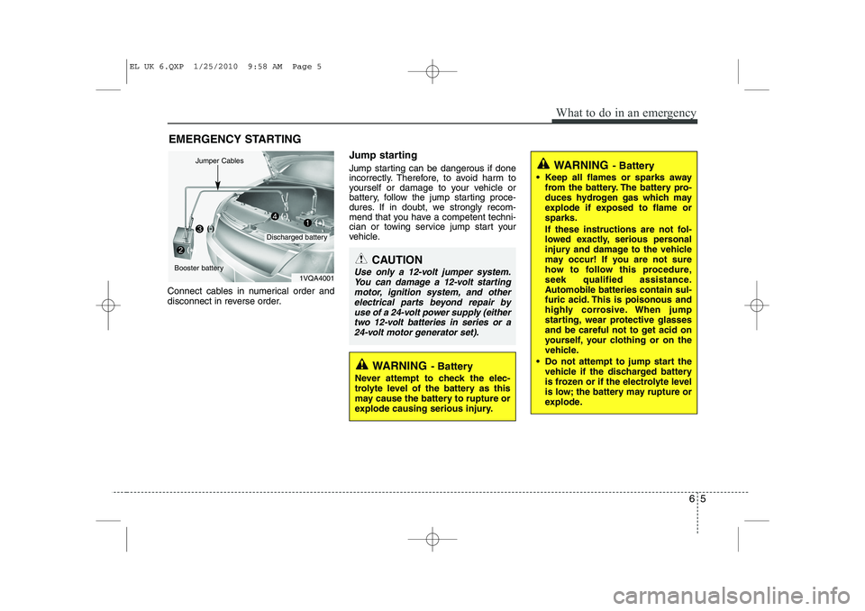 HYUNDAI IX35 2012  Owners Manual 65
What to do in an emergency
EMERGENCY STARTING
Connect cables in numerical order and 
disconnect in reverse order. Jump starting   
Jump starting can be dangerous if done 
incorrectly. Therefore, to