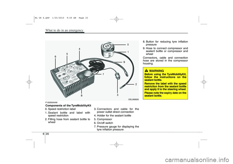 HYUNDAI IX35 2012 Owners Manual What to do in an emergency
20
6
0. Speed restriction label
1. Sealant bottle and label with
speed restriction
2. Filling hose from sealant bottle to wheel 3. Connectors and cable for the
power outlet HYUNDAI IX35 2012 Owners Manual What to do in an emergency
20
6
0. Speed restriction label
1. Sealant bottle and label with
speed restriction
2. Filling hose from sealant bottle to wheel 3. Connectors and cable for the
power outlet