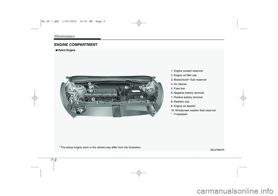 HYUNDAI IX35 2012 Owners Manual Maintenance
2
7
ENGINE COMPARTMENT
OEL079001R
1. Engine coolant reservoir
2. Engine oil filler cap
3. Brake/clutch* fluid reservoir
4. Air cleaner
5. Fuse box
6. Negative battery terminal
7. Positiv HYUNDAI IX35 2012 Owners Manual Maintenance
2
7
ENGINE COMPARTMENT
OEL079001R
1. Engine coolant reservoir
2. Engine oil filler cap
3. Brake/clutch* fluid reservoir
4. Air cleaner
5. Fuse box
6. Negative battery terminal
7. Positiv